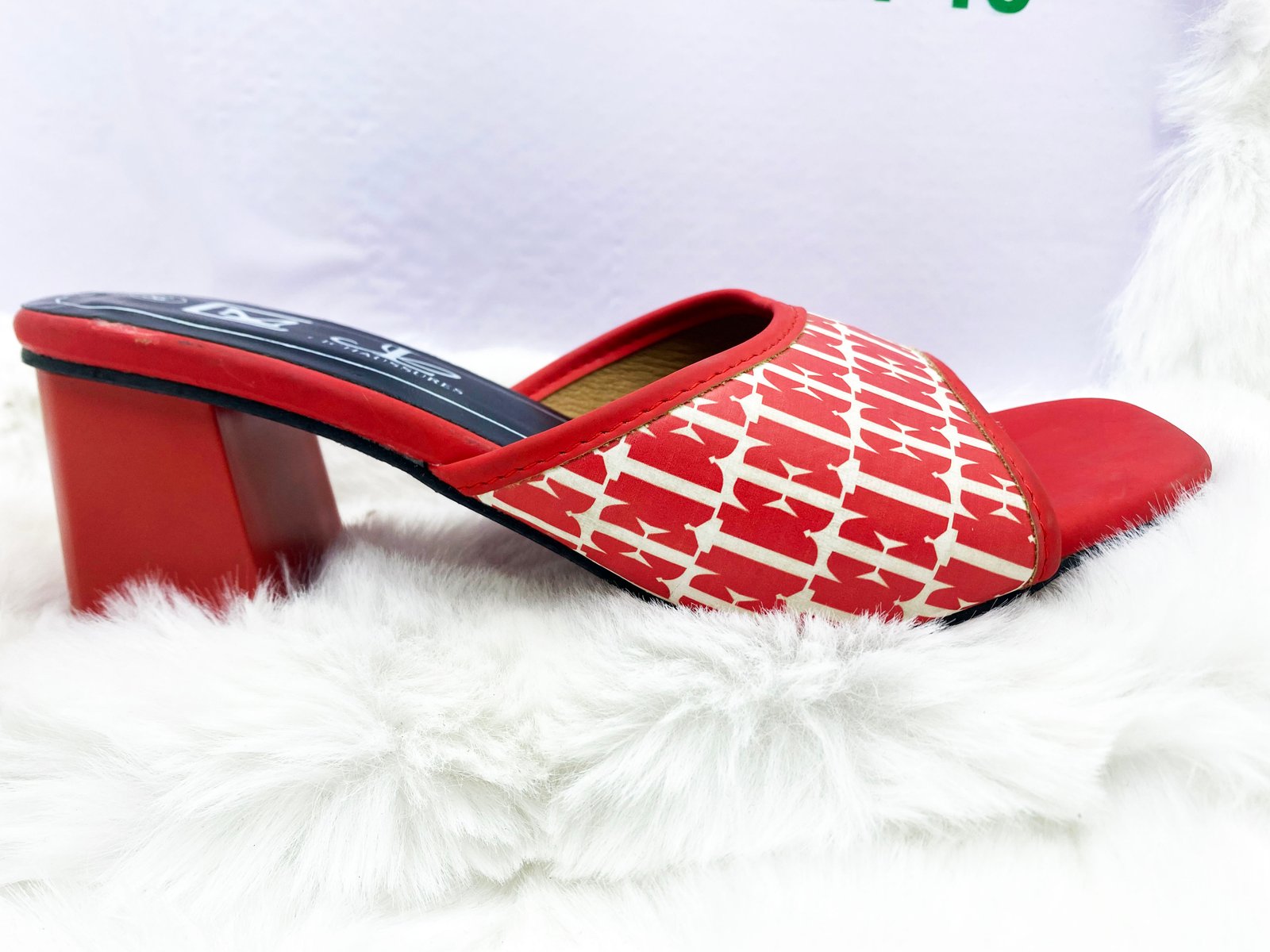 Mule à Talon Carré - Motif Géométrique Rouge & Crème